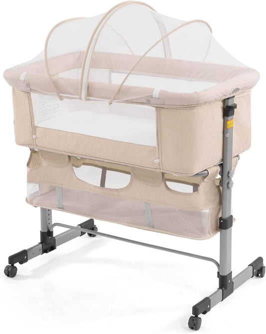 3-in-1 Baby Bedside Crib & Bassinet – Portable Adjustable Sleeper with Mosquito Net & Mattress, Converts to Playpen – Newborn Co-Sleeper for Boys & Girls (Deep Khaki)