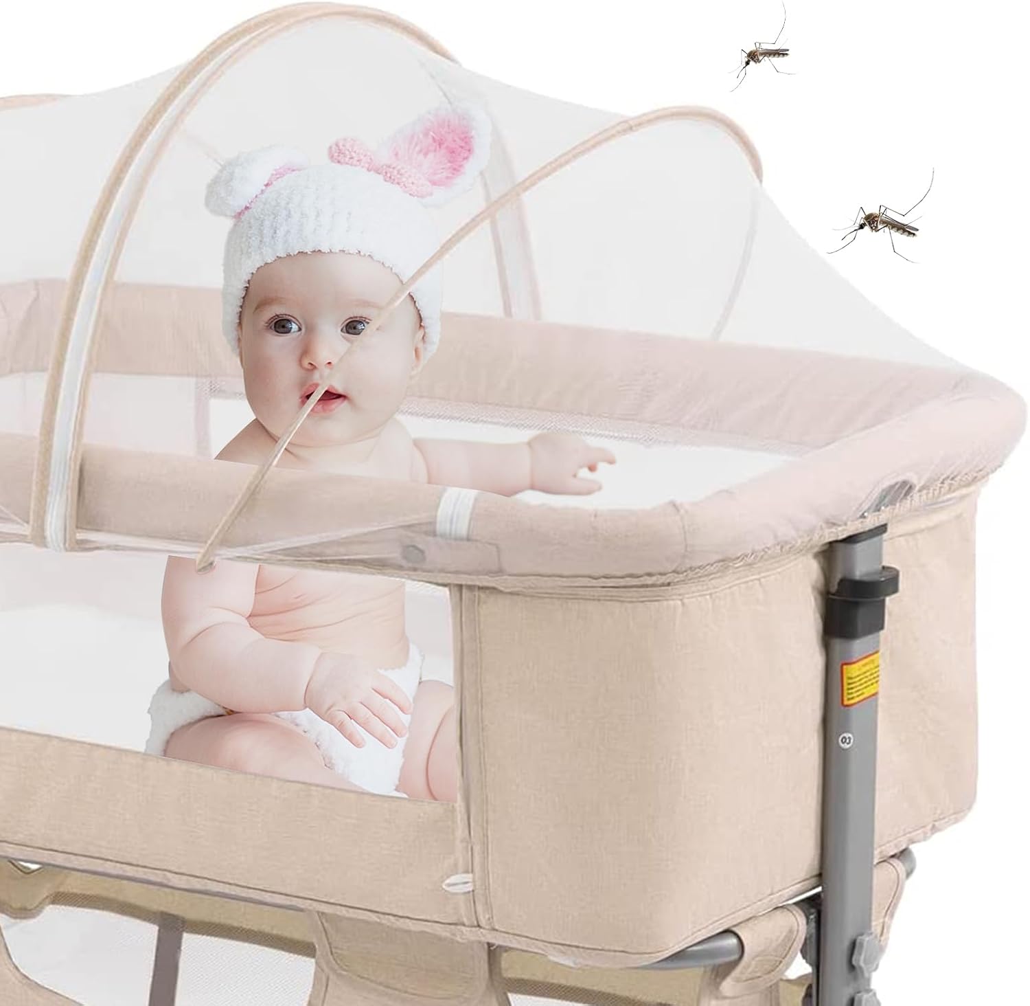 3-in-1 Baby Bedside Crib & Bassinet – Portable Adjustable Sleeper with Mosquito Net & Mattress, Converts to Playpen – Newborn Co-Sleeper for Boys & Girls (Deep Khaki)