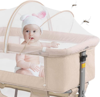 3-in-1 Baby Bedside Crib & Bassinet – Portable Adjustable Sleeper with Mosquito Net & Mattress, Converts to Playpen – Newborn Co-Sleeper for Boys & Girls (Deep Khaki)