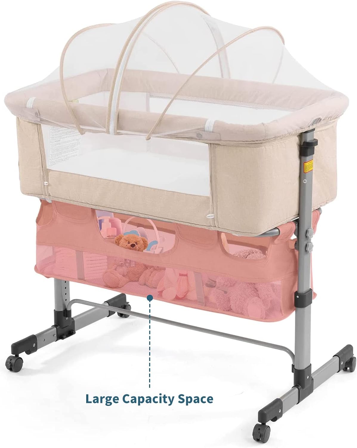 3-in-1 Baby Bedside Crib & Bassinet – Portable Adjustable Sleeper with Mosquito Net & Mattress, Converts to Playpen – Newborn Co-Sleeper for Boys & Girls (Deep Khaki)
