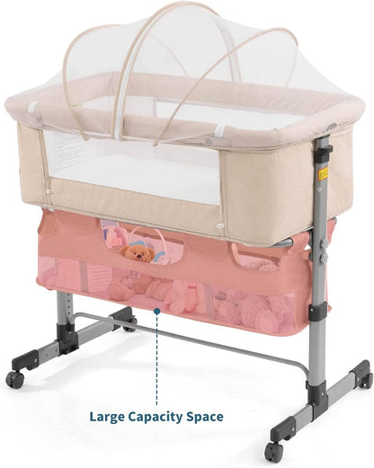3-in-1 Baby Bedside Crib & Bassinet – Portable Adjustable Sleeper with Mosquito Net & Mattress, Converts to Playpen – Newborn Co-Sleeper for Boys & Girls (Deep Khaki)