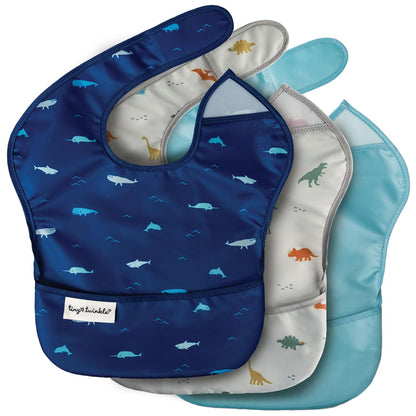 Waterproof Baby Bibs for Eating – Mess-Proof, Wipeable Toddler Bibs – Travel-Friendly, PFAS & BPA-Free – Baby Feeding Bibs (3-Pack, Slate & Olive)
