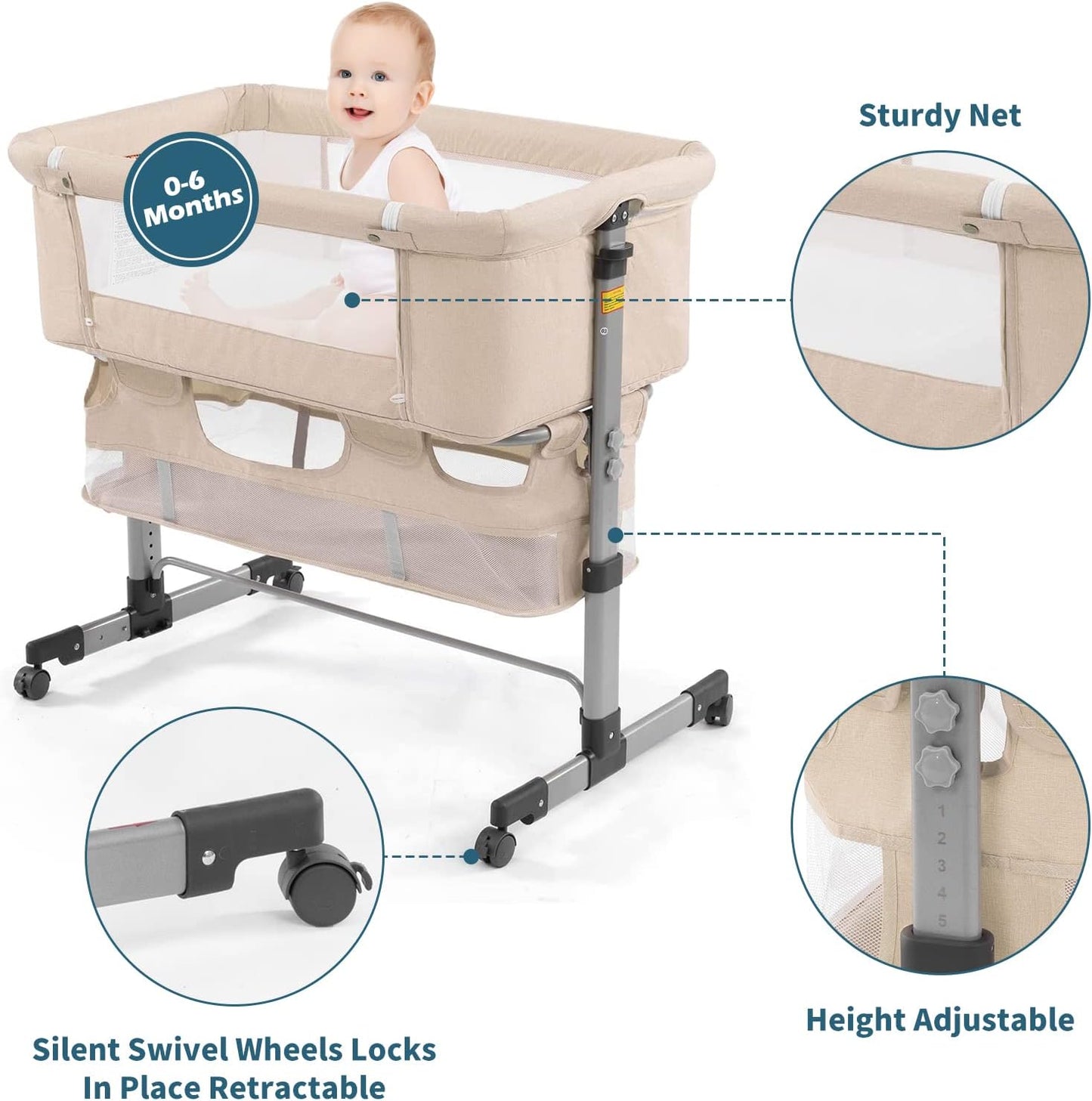 3-in-1 Baby Bedside Crib & Bassinet – Portable Adjustable Sleeper with Mosquito Net & Mattress, Converts to Playpen – Newborn Co-Sleeper for Boys & Girls (Deep Khaki)