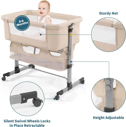 3-in-1 Baby Bedside Crib & Bassinet – Portable Adjustable Sleeper with Mosquito Net & Mattress, Converts to Playpen – Newborn Co-Sleeper for Boys & Girls (Deep Khaki)