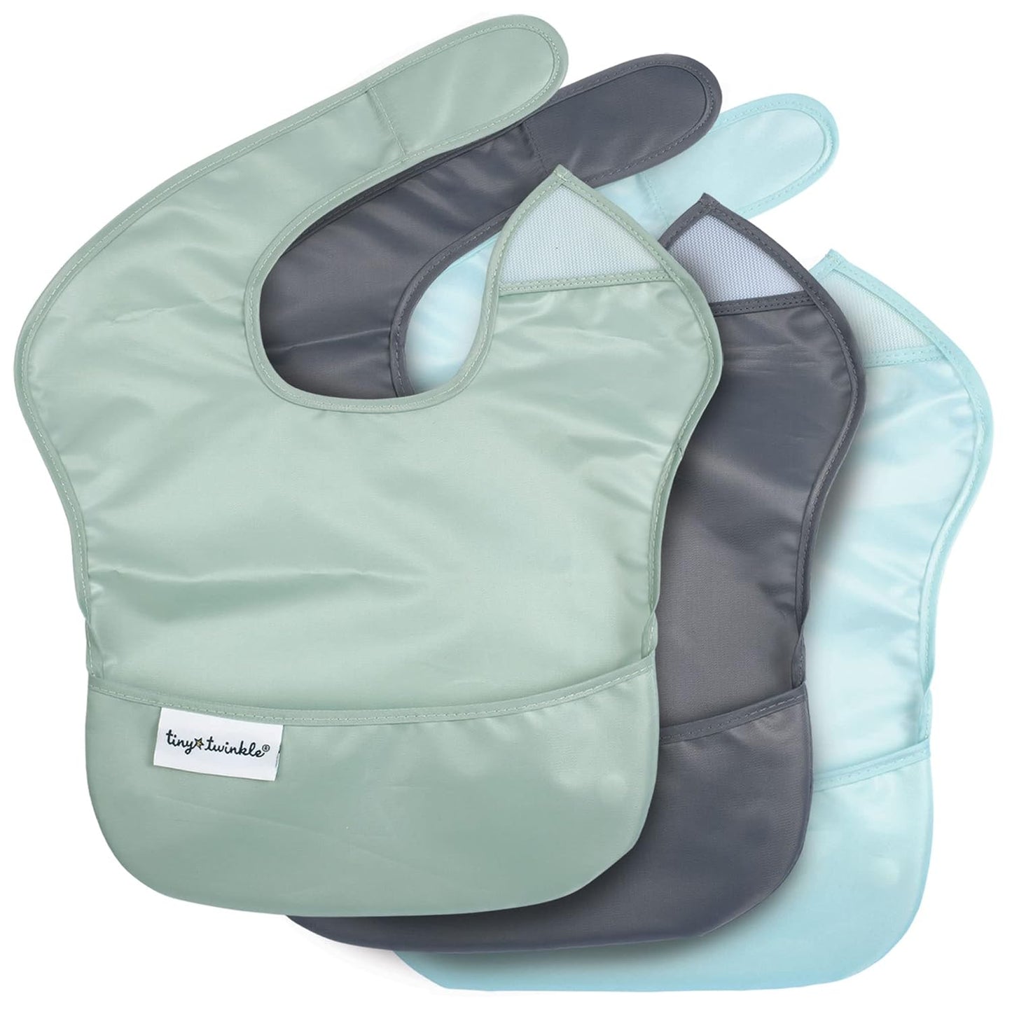Waterproof Baby Bibs for Eating – Mess-Proof, Wipeable Toddler Bibs – Travel-Friendly, PFAS & BPA-Free – Baby Feeding Bibs (3-Pack, Slate & Olive)