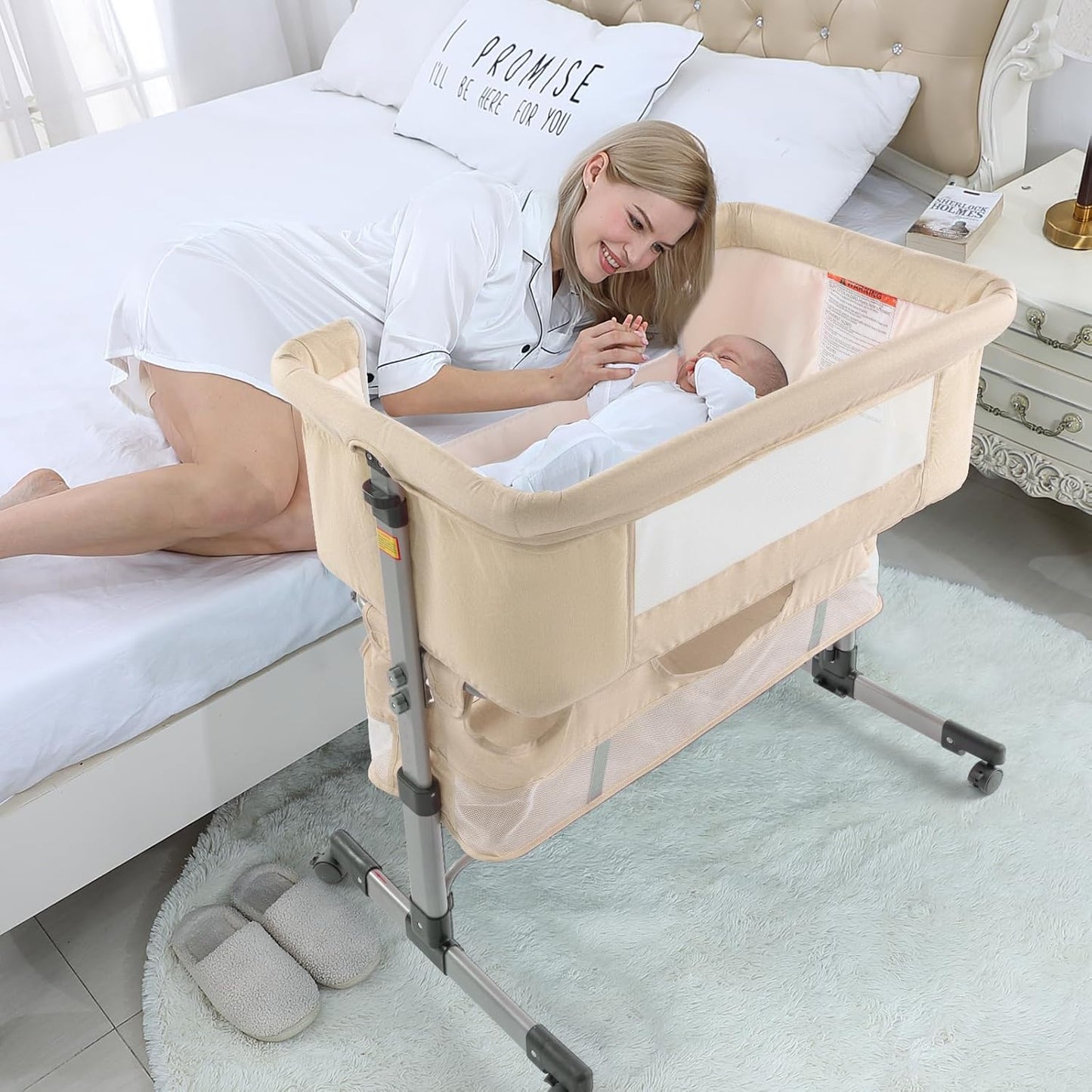 3-in-1 Baby Bedside Crib & Bassinet – Portable Adjustable Sleeper with Mosquito Net & Mattress, Converts to Playpen – Newborn Co-Sleeper for Boys & Girls (Deep Khaki)