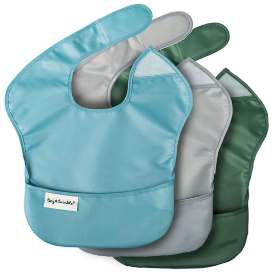 Waterproof Baby Bibs for Eating – Mess-Proof, Wipeable Toddler Bibs – Travel-Friendly, PFAS & BPA-Free – Baby Feeding Bibs (3-Pack, Slate & Olive)