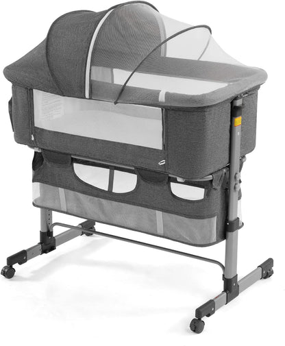 3-in-1 Baby Bedside Crib & Bassinet – Portable Adjustable Sleeper with Mosquito Net & Mattress, Converts to Playpen – Newborn Co-Sleeper for Boys & Girls (Deep Khaki)