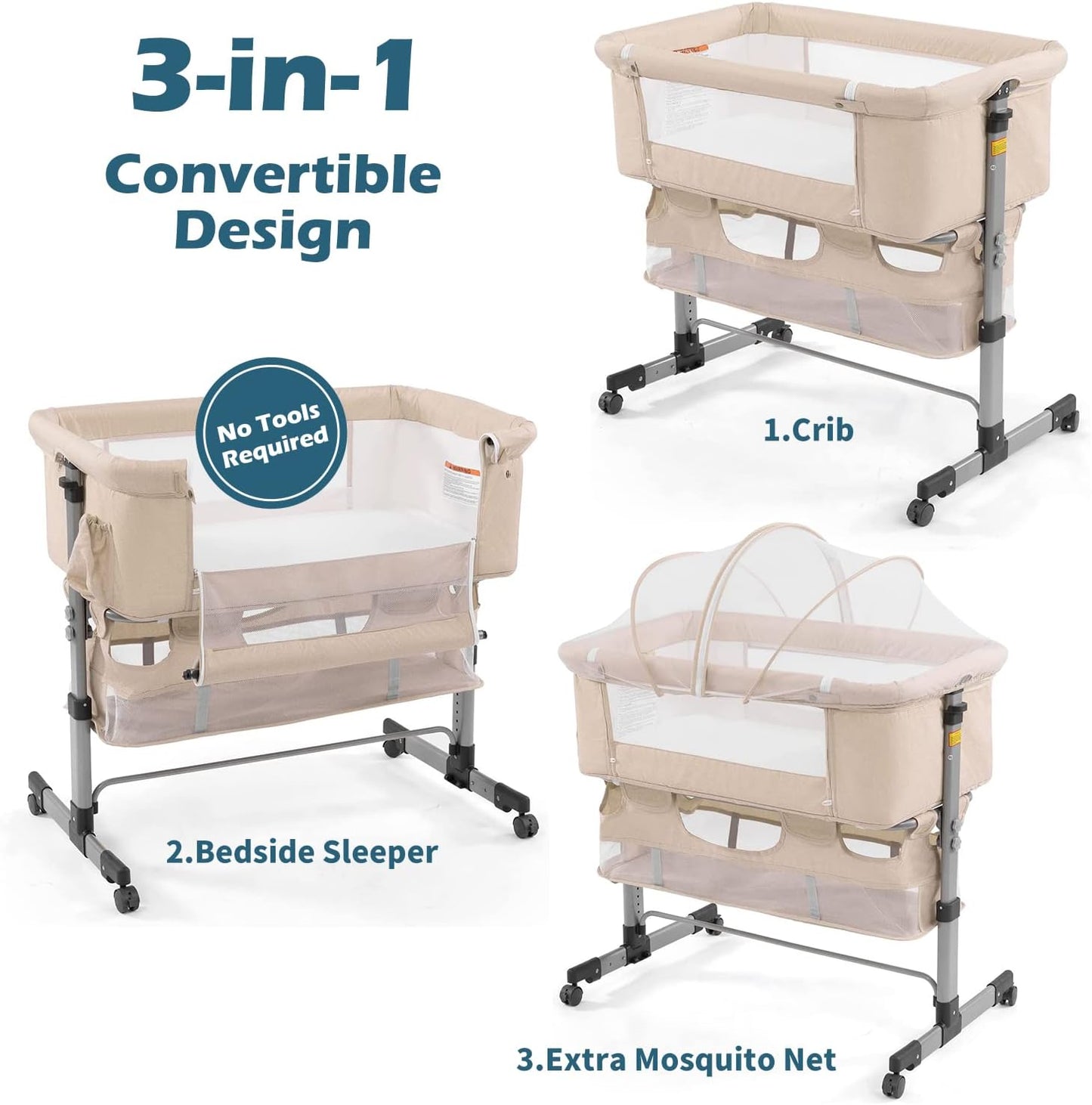 3-in-1 Baby Bedside Crib & Bassinet – Portable Adjustable Sleeper with Mosquito Net & Mattress, Converts to Playpen – Newborn Co-Sleeper for Boys & Girls (Deep Khaki)