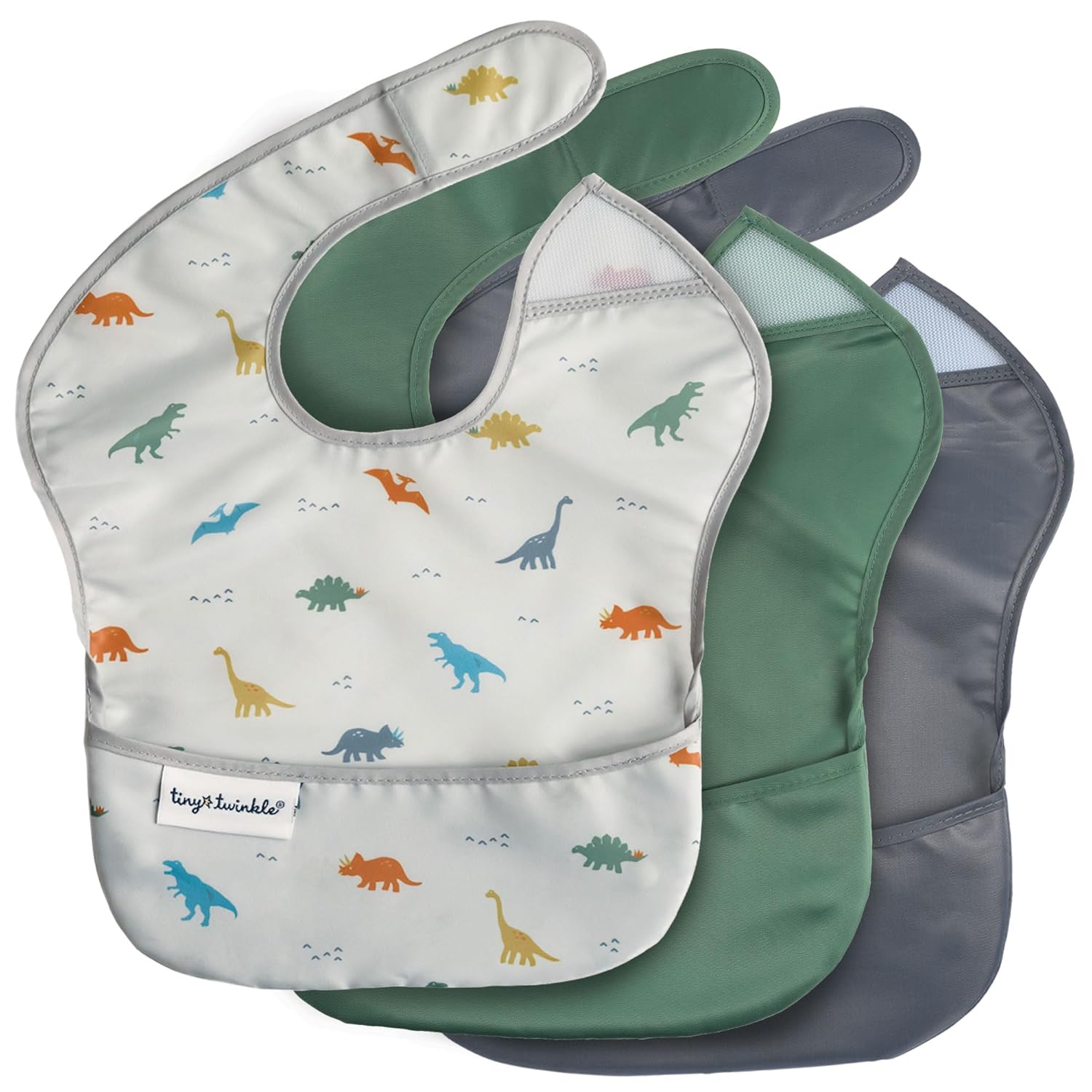 Waterproof Baby Bibs for Eating – Mess-Proof, Wipeable Toddler Bibs – Travel-Friendly, PFAS & BPA-Free – Baby Feeding Bibs (3-Pack, Slate & Olive)